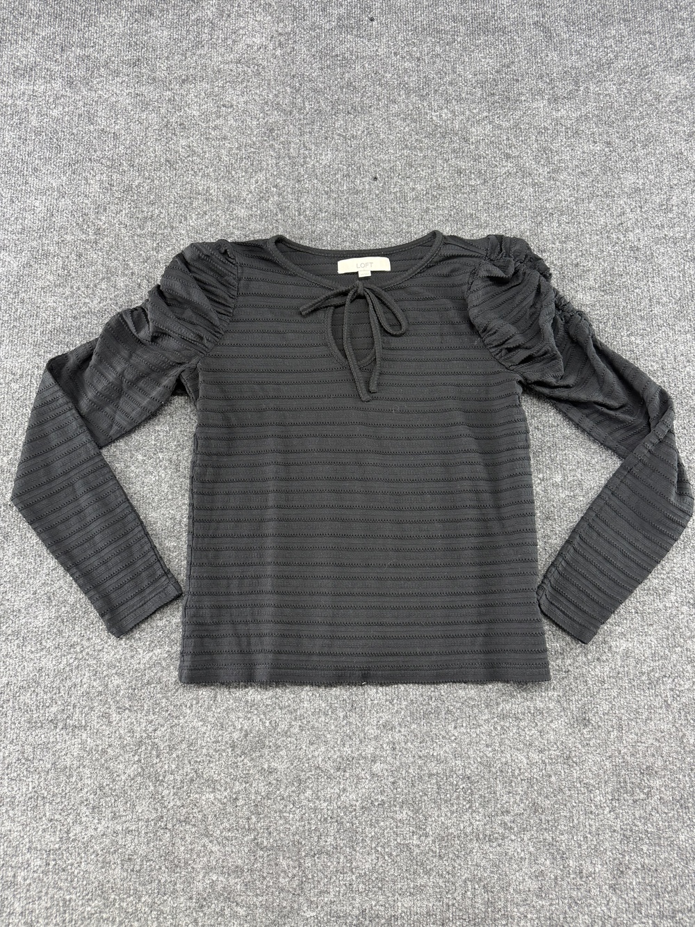 LOFT Shirt Womens XS Gray Striped Puff Sleeve Bow Tie Scoop Neck Tee Top